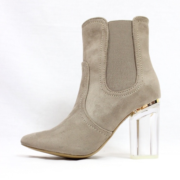 Round Toe Suede Clear Perspex Lucite Heel Bootie - Picture 1 of 5
